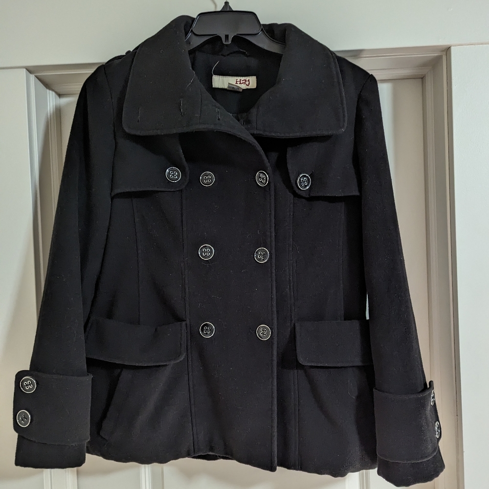Black Double Breasted Button Up Winter Pea Coat